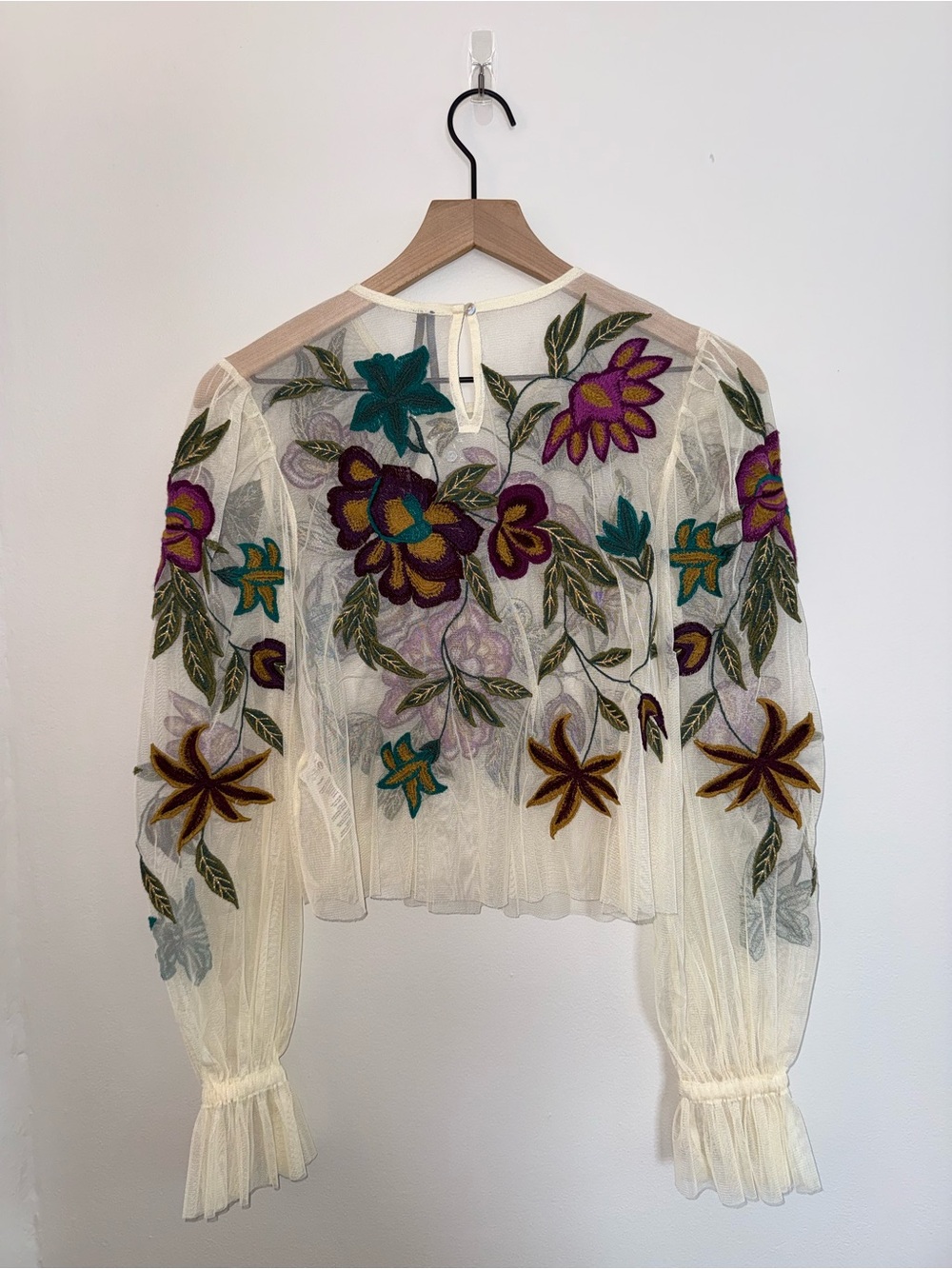Anthropologie Ivory Sheer Mesh Blouse with Multicolor Floral Appliqué - Picture 2 of 5